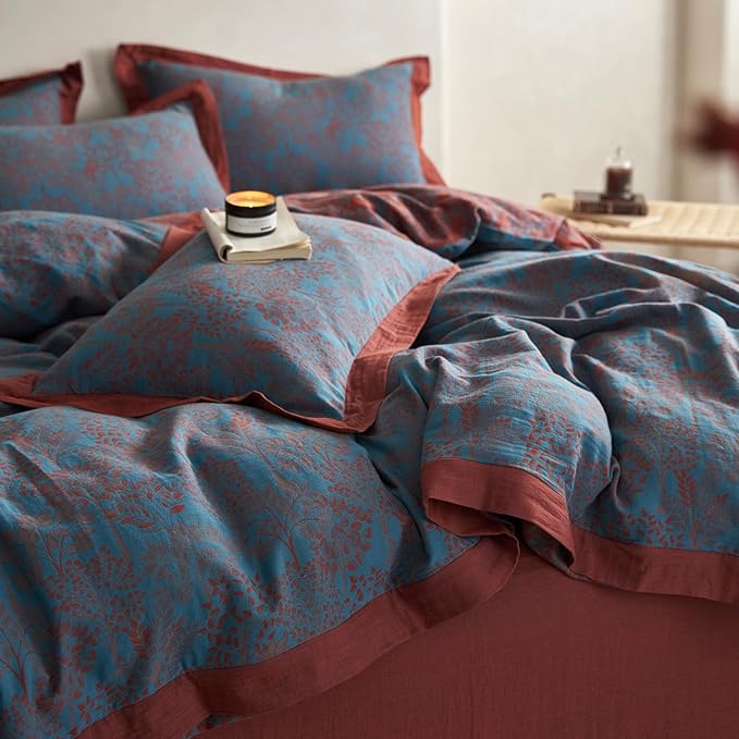 Jacquard Duvet Cover King Yarn-Dyed Cotton Blue Floral Duvet Cover Reversible Burgundy Red Tree Leaves Bedding Comforter Cover Vintage Country Bedding Cottagecore Botanical Duvet Cover Set King Size