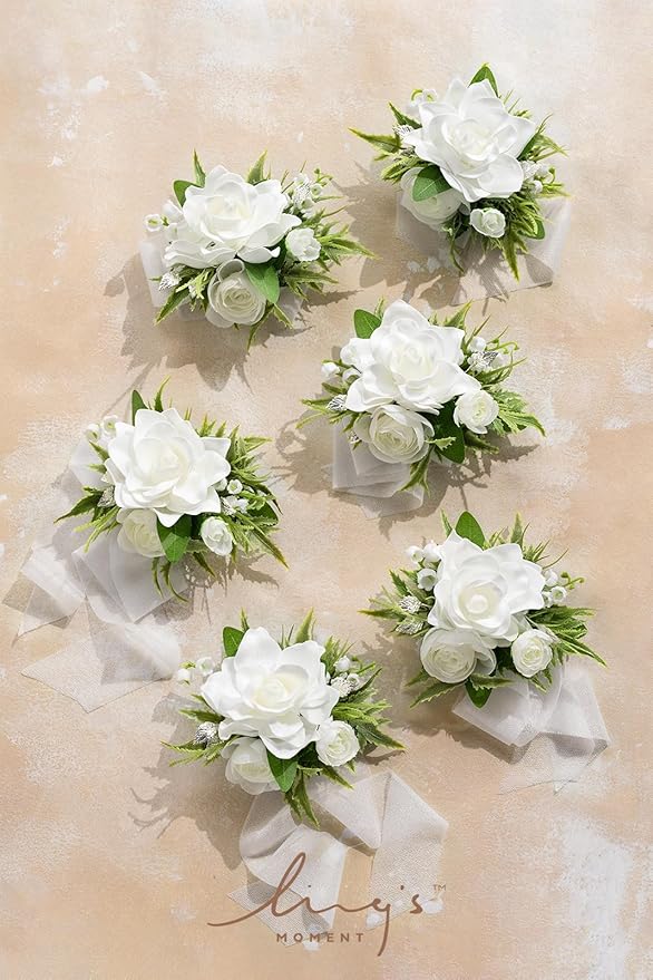 Ling's moment 6pcs Wedding Wrist Corsage Artificial Flowers, Girl/Mother Homecoming Prom Corsages Wristlet Décor, etc. White Lily Valley