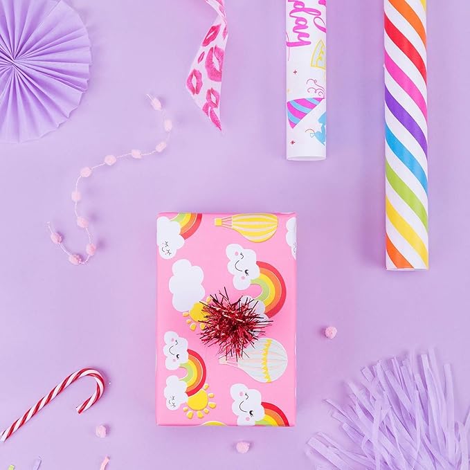 WRAPAHOLIC Birthday Wrapping Paper Sheet - 12 Sheets Unicorn Rainbow Pony Pink Blue Design Folded Flat for Birthday, Party, Baby Showers - 19.7 Inch X 30 Inch Per Sheet