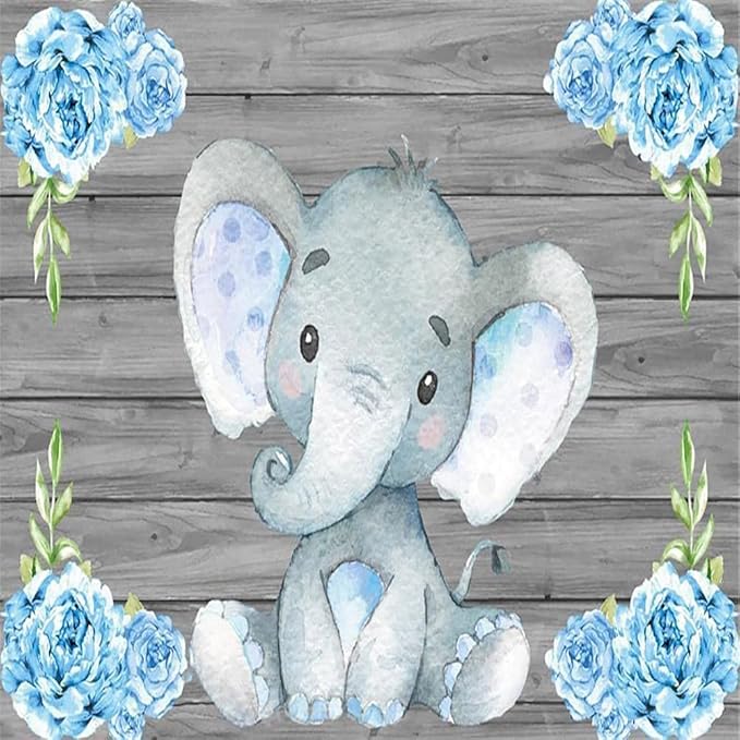 AOFOTO 10x10ft Elephant Rustic Grey Wooden Backdrop for Boy Baby Shower Watercolor Blue Floral Cartoon Animal Gender Reveal Photography Background It's a Boy Newborn Kids Birthday Party Decoration