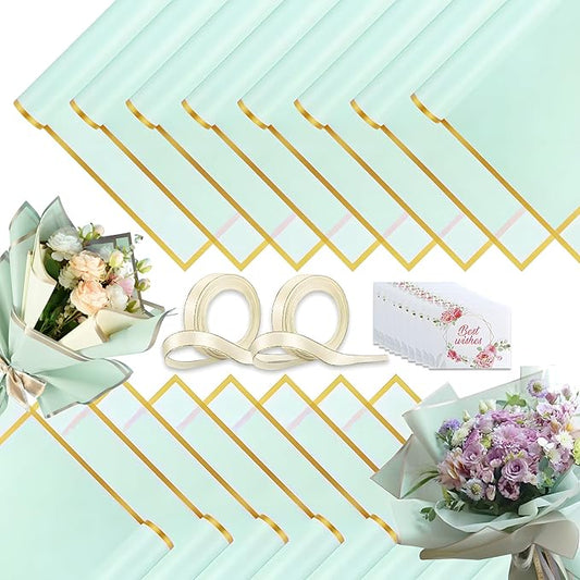 40 Sheets Light Green Flower Wrapping Paper, Gold Edge Waterproof Floral Wrapping Paper, 22.8x22.8 inch Bouquet Paper Wrap with 2 Rolls Ribbon for Wedding Birthday Gift DIY Crafts Florist Supplies