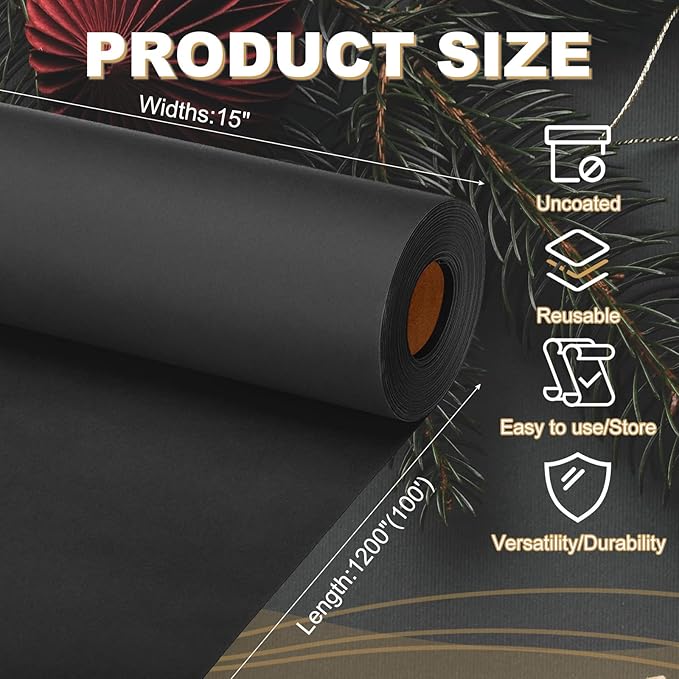 PATIKIL Wrapping Paper, 15"x1200"(100') Bulletin Board Paper Roll Kraft Paper Roll Construction 80GSM for Shipping Packing Gift Wrapping Craft Flower Bouquet Christmas, Black