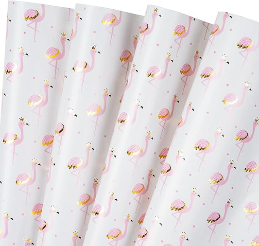 WRAPAHOLIC Pink Flamingo Wrapping Paper Sheet - 12 Sheets Foil Flamingo Design Folded Flat for Girls Birthday, Baby Showers - 19.7 Inch X 30 Inch Per Sheet