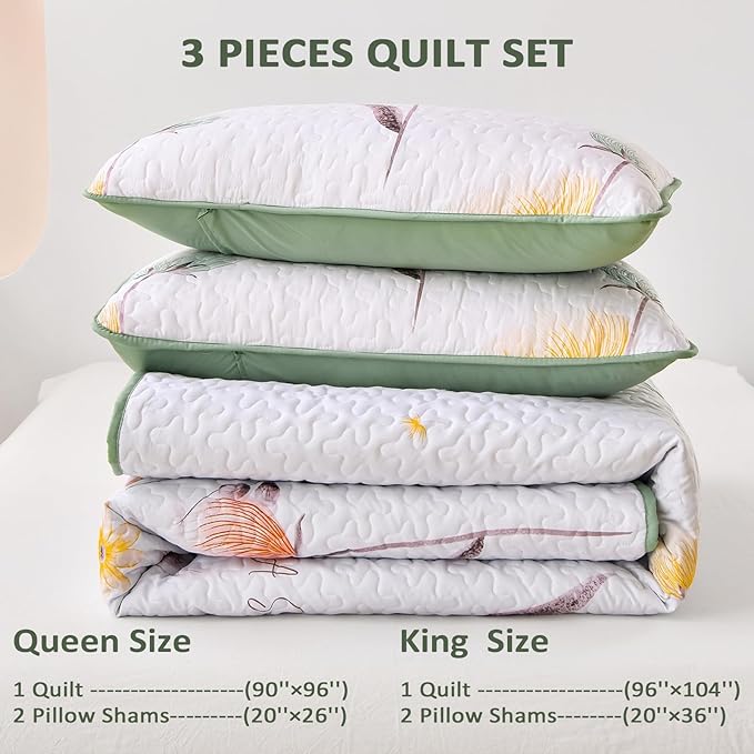 Dinjoy Floral Quilt Set Queen Size,Sage Green Bedspread Botanical 3 Pieces Fall Quilts Microfiber Lightweight Bedspreads White Soft Reversible Bed Cover Sets for All Season(96"x90")