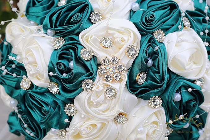 Bridal Wedding Bouquet Round Bling Brooch Bouquet Throw Toss Artificial Rose Flower Bunch for Bride Bridesmaid Wedding Quinceanera(Dark Green & Ivory, 9.8")