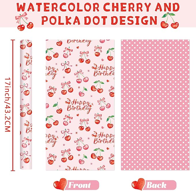 WERNNSAl Cherry Bow Wrapping Paper Roll- 1 Roll 17” x 16.4 ft Cherry Bow Tie Ribbon Gift Wrapping Paper for Girls Women Birthday Pink Birthday Wrap Paper with Polka Dot Design for Party Supplies