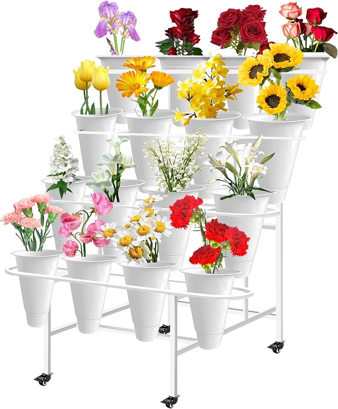 Flower Display Stand with 16PCS Buckets, 4 Layers Flower Cart Display Stand with Wheels Heavy Duty Metal Flower Bar Stand - White
