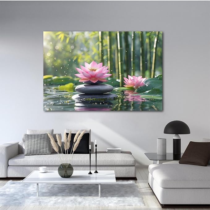 Ethereal pink lotus on obsidian Sunlit bamboo forest with sparkling water drops Poetic nature inspired wall art for tranquil homes and mindful spaces 16x24in Frameless