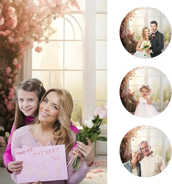 10x6.5ft Bridal Floral Backdrop for Wedding Pink Rose Window Scenery Green Leaves Elegant Photography Background for Valentine's Day Bridal Shower Birthday Spring Party Women Girl Portrait