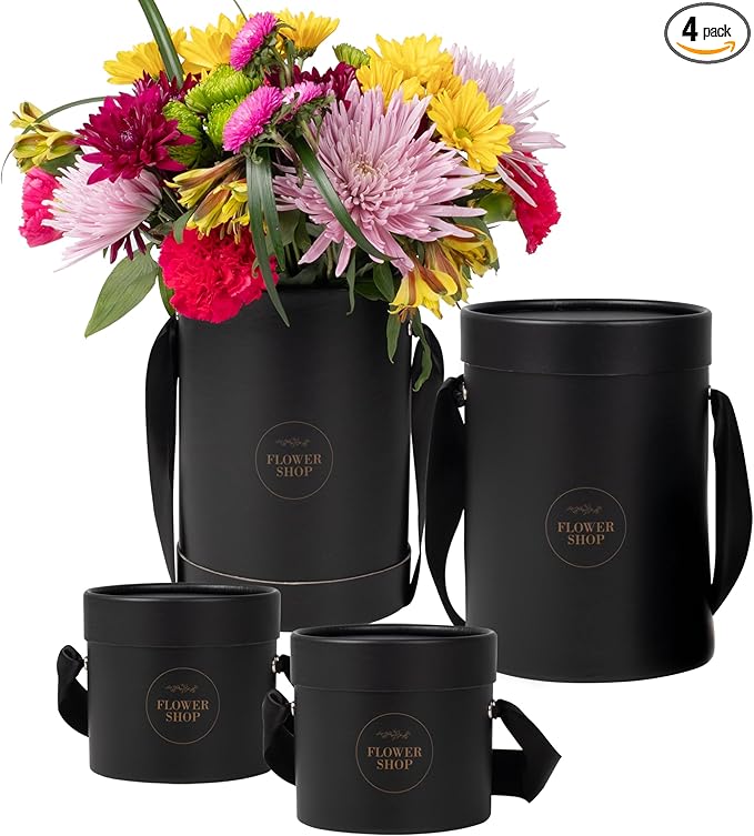 4 Flower Bouquet Hat Boxes | 2 Per Size Round Floral Arrangement Vase | Satin Ribbon Handle & Waterproof Liner | Gift Box for Flowers with Lids | Black