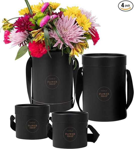 4 Flower Bouquet Hat Boxes | 2 Per Size Round Floral Arrangement Vase | Satin Ribbon Handle & Waterproof Liner | Gift Box for Flowers with Lids | Black
