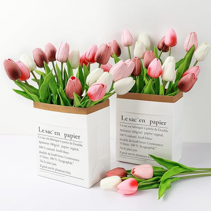 Beferr 18pcs Tulips Artificial Flowers Faux Tulip Real Touch Tulip Fake Flowers Bouquets Arrangements for Mothers Day Spring Easter Wedding Home Table Decor Colorful