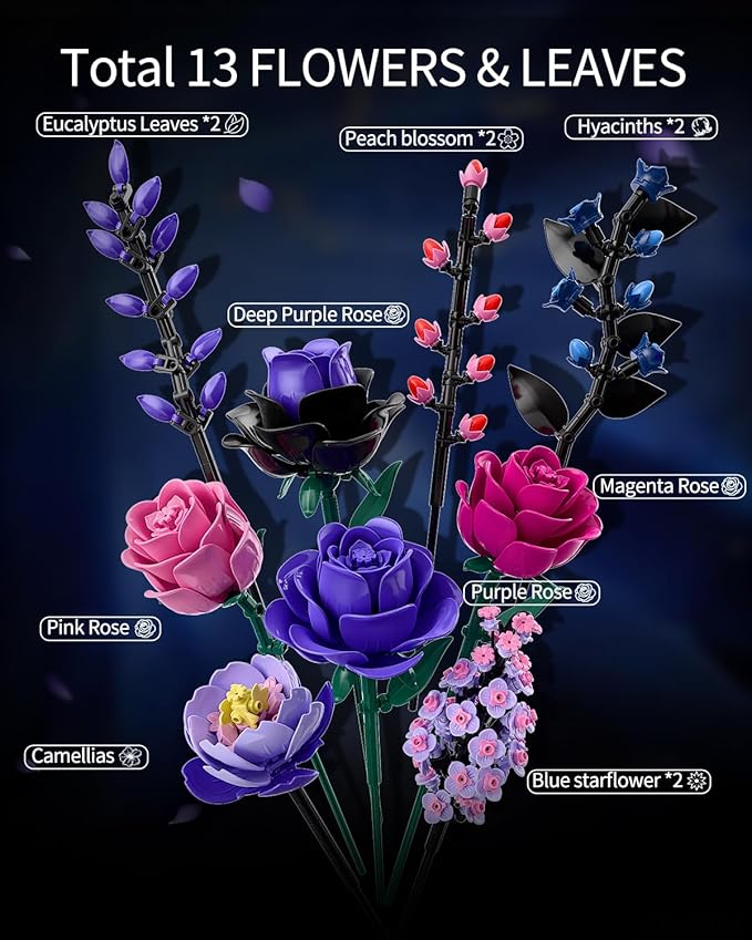 Flowers Bouquet Building Set - Purple Roses Botanical Collection Building Blocks for Adult Women, Artificial Flowers Gothic Home Decor Christmas Birthday Gift for Adults Kids Girls 6-12