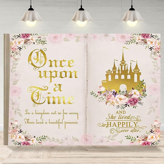 5x4ft Once Upon a Time Backdrop Fairy Tale Books Pink Floral Princess Castle Photography Background Romantic Wedding Birthday Party Banner Decorations Cake Table Decor