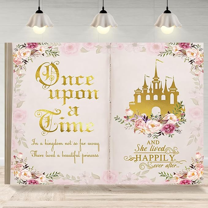 9x6ft Once Upon a Time Backdrop Fairy Tale Books Pink Floral Princess Castle Photography Background Romantic Wedding Birthday Party Banner Decorations Cake Table Decor