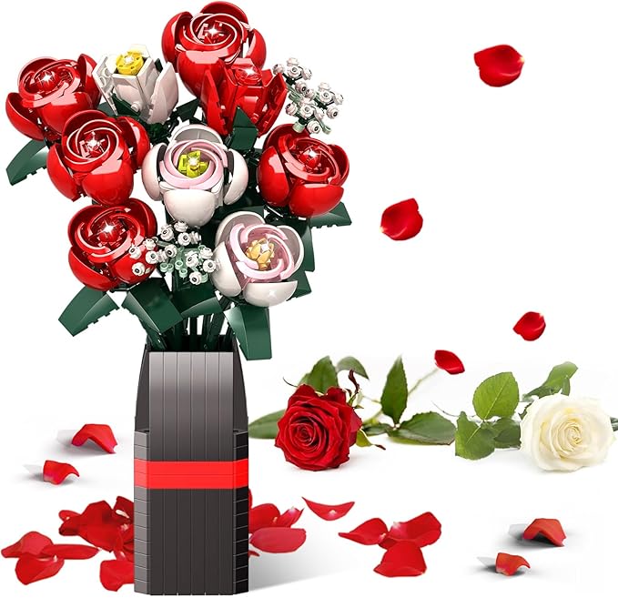 Roses Flower Bouquet Building Kit for Adults, Kids, 841PCS DIY Flowers Bouquet Building Set with Vase, Roses Artificial Flowers Building Set, Gifts Ideas for Anniversaries, Birthday, Wedding