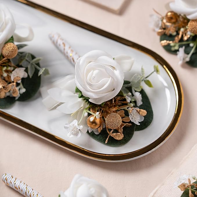 Meldel White Boutonniere for Men Wedding with Pins,Set of 6, Greenery Corsage Rose Groom Groomsmen Boutonniere for Wedding,Prom,Homecoming,Party,etc.
