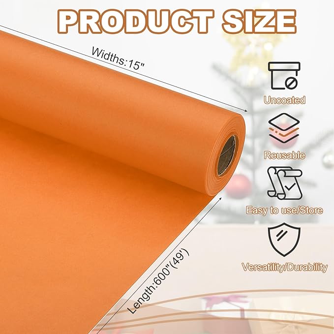 PATIKIL Wrapping Paper, 15" x 600"(49') 70 GSM Craft Paper Roll Kraft Packing Paper for Poster Bulletin Board, Gift Wrapping, Orange