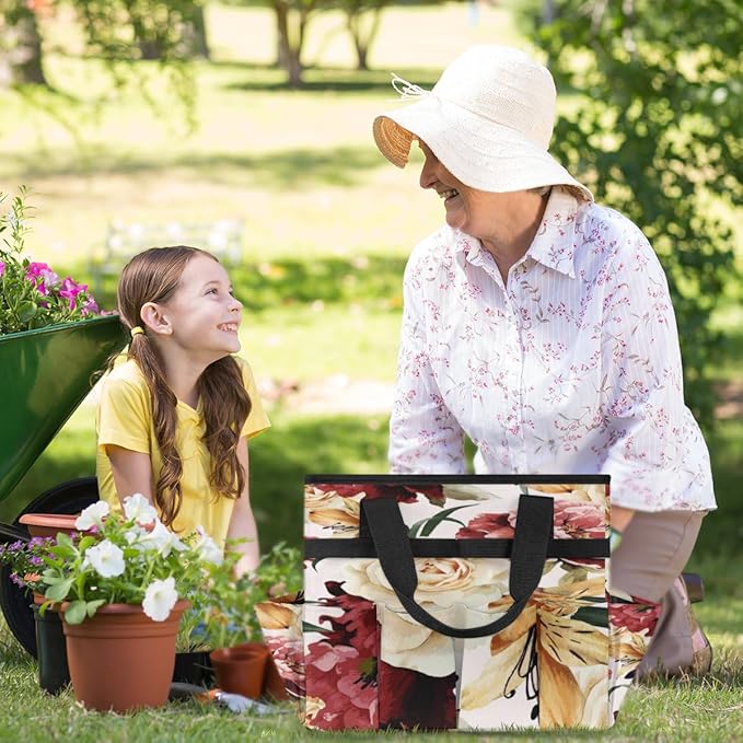Floral Flower Pattern Garden Tool Tote Bag for Women Men Gardening Tool Storage Bags with 10 Pockets Standable Garden Home Tool Kits Organizer for Indoor Outdoor Gardening Gifts