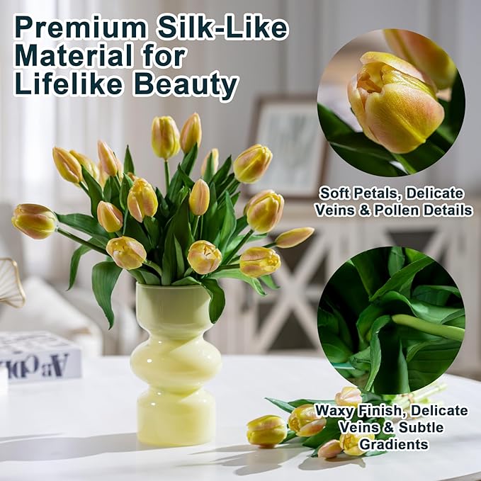 20PCS Fake Tulips Artificial Tulip Silk Flowers Fake PU Bouquet Artificial Flowers Faux Flowers with Gift Box Soft Faux Tulips Bouquets Arrangements for Party Wedding Home
