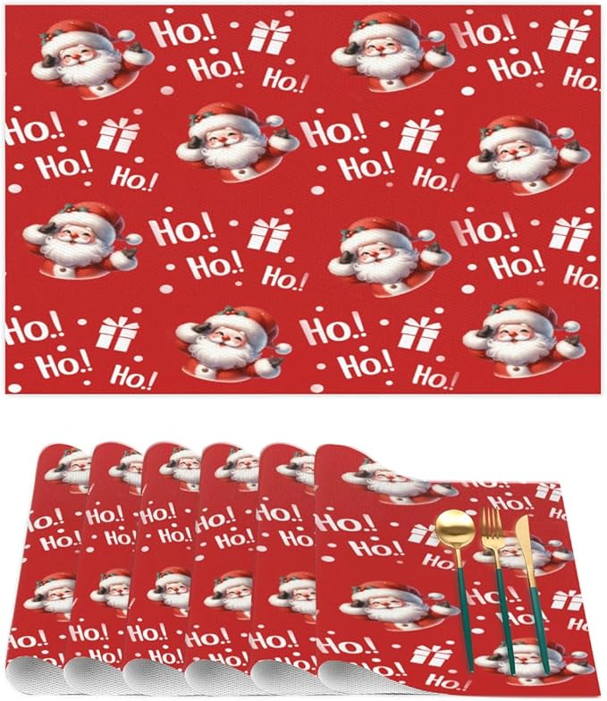 Christmas Xmas Ho Santa Claus Placemats Set of 4 PVC Vinyl Non Slip Table Mats Heat Resistant Place Mats Washable Wipeable Dining Table Mat for Kitchen Decor Party Indoor Outdoor Decorative Gift