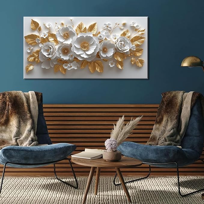 IDAFU Flower Wall Art White Foral and Golden Leaves Wall-décor White Wall Art Floral Painting Pictures for Living Room Bathroom Bedroom Kitchen Office Cuadros Decorativos Para Sala Decor 58L x28W