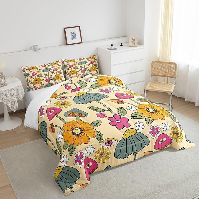 Castle Fairy 70s Retro Floral Queen Size Comforter Set,Hippie Flowers Leaves Bedding Set with 2 Pillowcases,Cartoon Eyes Mushroom Breathable Durable Polyester Bedding Set