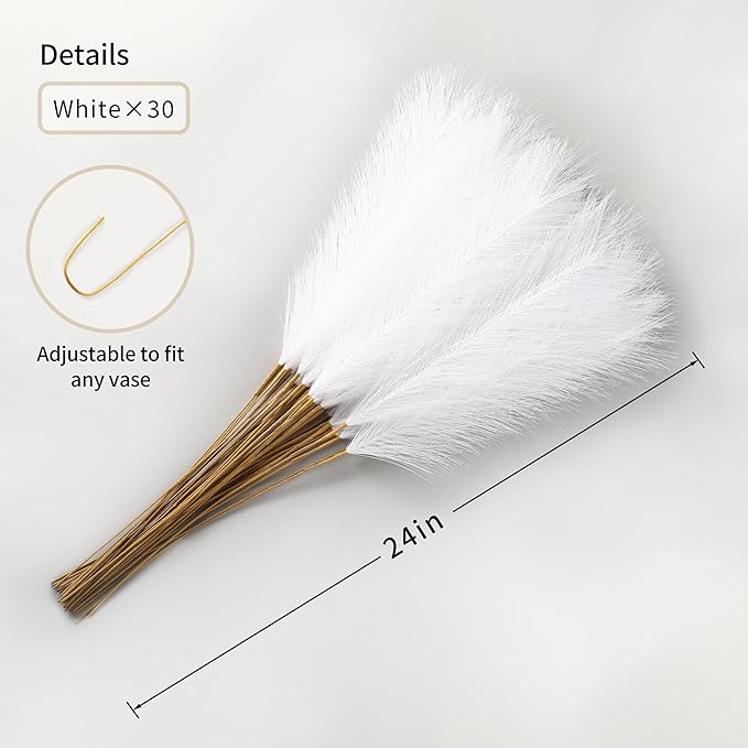 30pcs White Pampas Grass - 24 Inch Faux Pampas Grass Decor, Artificial Tall Pampas Grass for Wedding Flower Arrangement, Party Decorations, Christmas and Home Decor (White)