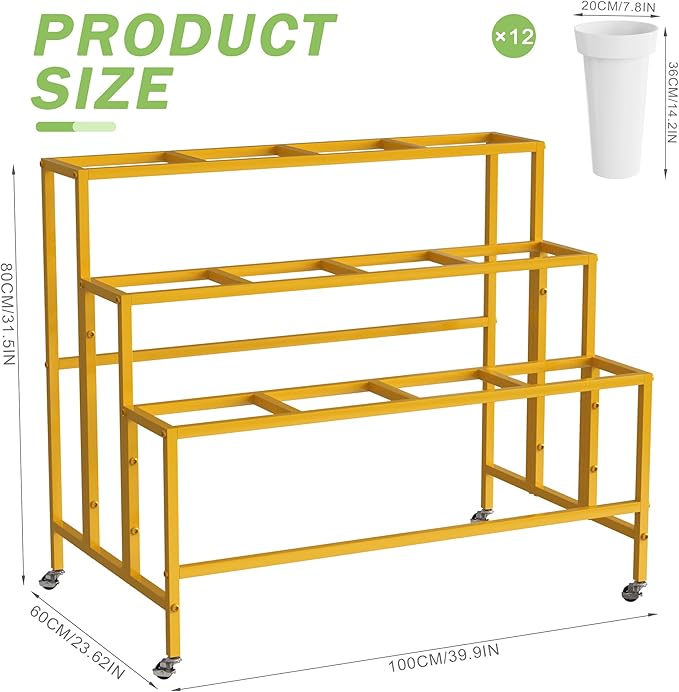 Flower Display Stand with 12 Buckets, Flower Cart Gold 3 Layers Metal Flower Bar Stand with Wheels, Moving Florist Bouquet Shelf for Weddings Florist Indoor Living Room Outdoor Patio Garden