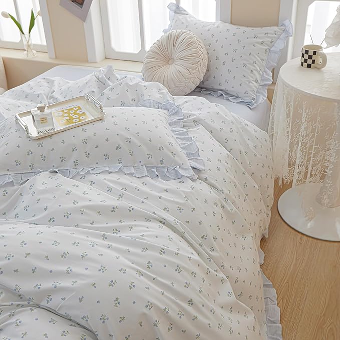 Reversible Ruffle Comforter Set Full Size Vintage Botanical Floral Bedding Comforter with 2 Pillowcases Boho Blue Floral Comforter Girls Flowers Coquette Bedding Set Fluffy Farmhouse Bed Comforter Set