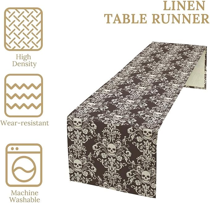 Vintage Gothic Table Runner, Retro Baroque Luxury Dark Skull Day of Death Witchy Coffee Table Center Decor for Home Kitchen Dining Patio Holiday Party Table Decorations 13x36 inches