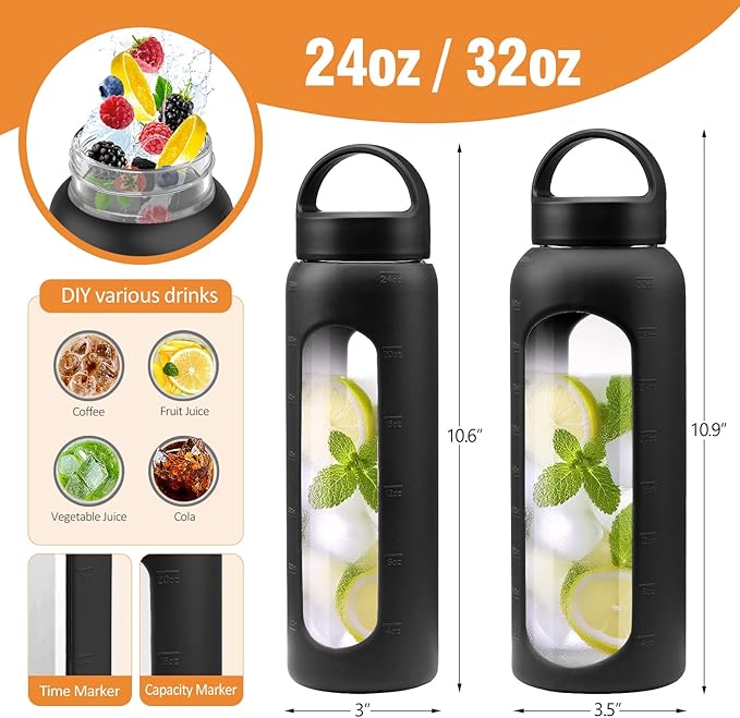 32 oz Glass Water Bottle, 1 Liter Glass Tumbler with Straw, Reusable Drinking Bottles with 2 Lids-Handle Lid&Bamboo Straw Lid, Silicone Sleeve, for Sports, Home,1 Pack-Black