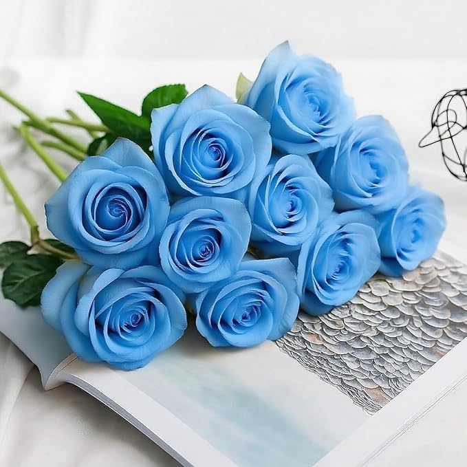Blue Roses Artificial Flowers 15 PCS, Fake Roses Silk Flowers with Long Stems, Faux Rose for Wedding Centerpieces, Home Decor, Indoor Floral Arrangements, Party Decor, DIY Bouquet (Sky Blue)
