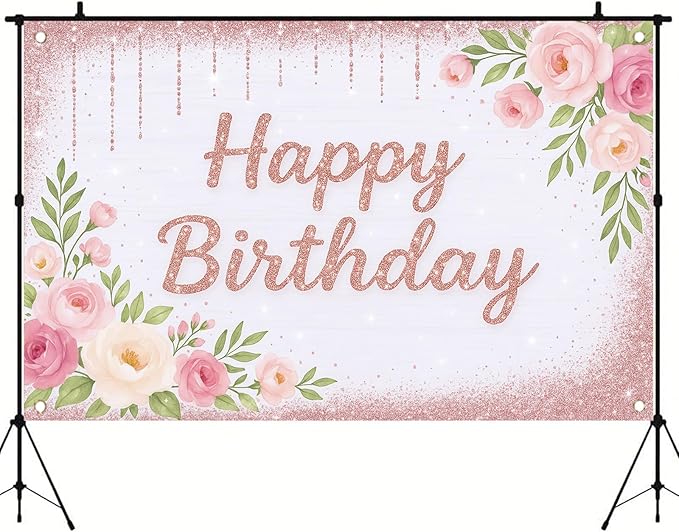 Rose Gold Birthday Backdrops Banner Floral Pink Flower Glitters Happy Birthday Photography Background for Women Girls Wedding Baby Shower Decor Party Photo Booth Supplies 6x4ft