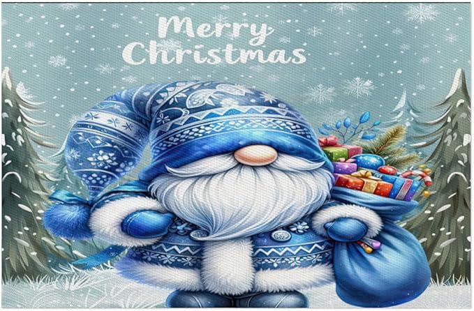 Xmas Christmas Gnomes Bule Snowflake Placemats Set of 6 PVC Vinyl Non Slip Table Mats Heat Resistant Place Mats Washable Wipeable Dining Table Mat for Kitchen Party Indoor Outdoor Decorative Gift