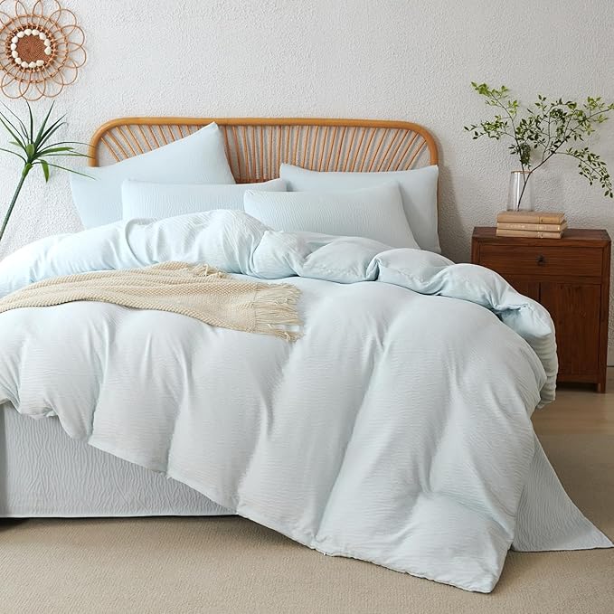 Duvet Cover Set Queen Glacier Blue, 3 Pieces Double-Layer Crinkle Gauze Soft Bedding for All-Season Lightweight Breathable with 2 Pillowcases