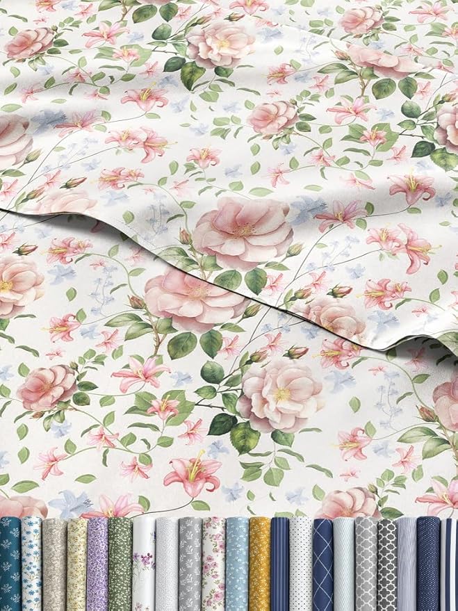 Floral Sheets - Pink Floral Rose Bed Sheet Set - 1 Flat, 1 Fitted & 2 Pillowcases w/ Deep Pockets - Comfy, Wrinkle & Fade Free Boho Botanical Bedding - Ultra-Soft, Breathable & Cooling - Full Size New
