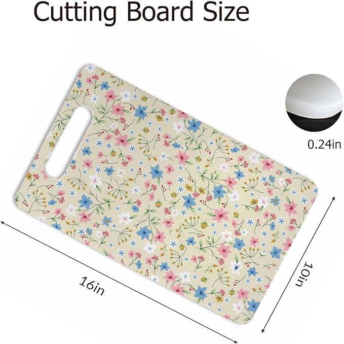 Cute Small Flower Cutting Board with Handles Blue White Pink Flowers Plant Cutting Boards Plastic Safe Chopping Board for Kitchen 16" x 10" x 0.24"