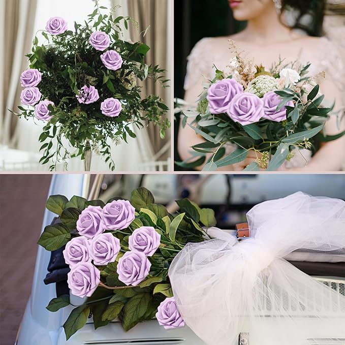 Artificial Flowers 50PCS Light Purple Roses Real Looking Foam Fake Roses with Leaves and for DIY Wedding Bouquets Bridal Shower Centerpieces Party Decorations (Lilac)