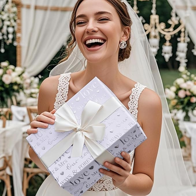 RUSPEPA 30“ x 16.4’ Wedding Wrapping Paper Large Roll, Jumbo Roll, White Gift Paper with Love & Mr & Mrs Design, Romantic Gift Wrap for Wedding, Bridal Shower, Anniversary, Engagement 41 total sq ft.