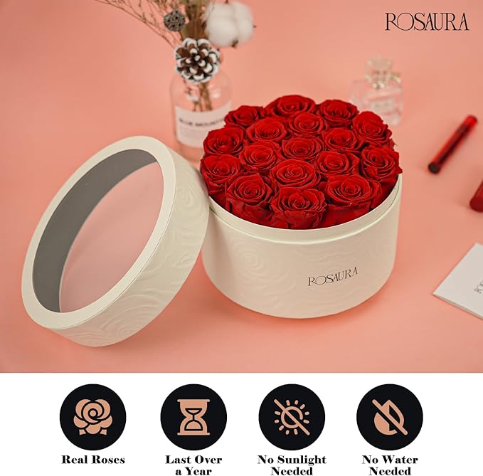 Rosaura Round Preserved Roses Gift Box - Real Forever Flowers for Birthday, Valentine's & Mother's Day (red, 17 Roses)