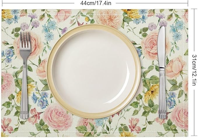 Colorful Floral Placemats Set of 4, 17x12 Inch Watercolor Spring Botanical Aesthetic Wildflower Nature Rustic Art Printed Table Mats for Home Party Kitchen Dining Decor