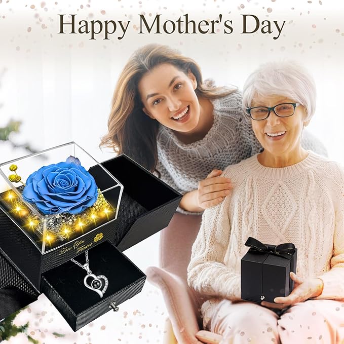 Preserved Real Rose-Eternal Flowers Rose Mothers Day for Mom Women Her Wife Girlfriend on Birthday Valentines with I Love You Necklace 100 Languages Romantic Gift (Light Blue)