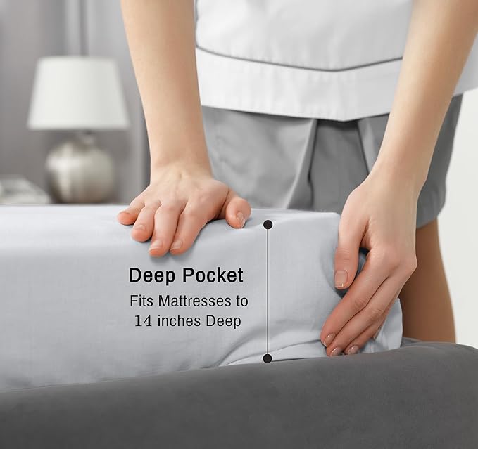RUVANTI 100% Cotton California King Sheet Sets, 4 Pieces, Soft & Breathable Percale Weave Bedding, Deep Pocket 14", Hotel Standard, Crisp Cool Feel & Durable, Perfect Dyed Sheets, Quiet Gray