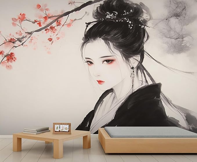 Asian Woman Wall Mural, Oriental Japanese Woman 3D Wall Murals, Ink Style Art Wallpaper Mural, for Living Room Bedroom Large Wallpaper Indoor Decor 177.16" W x120 H