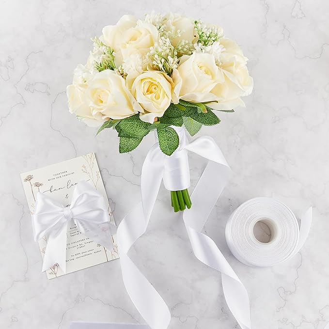 1-1/2 Inches 50 Yards White Satin Ribbon, Solid Fabric Ribbon Roll for Flower Bouquets, Gift Wrapping, Wedding, Handmade Crafts