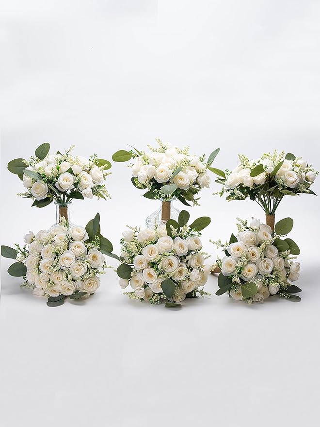 Meldel Ivory Bridesmaid Bouquet Set of 6, White Wedding Bouquets for Bridesmaids, 8.5 Inch Wedding Floral Arrangements Flowers Table Centerpieces Decor Artificial Flower Bouquet for Prom Party