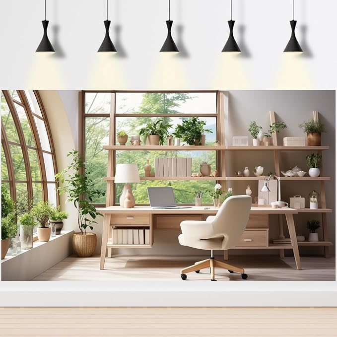 Office Backdrop for Video Conference Modern Business Home Office Work Place Background Indoor Green Plants Leaves Tranquil Work Environment for Live Video Zoom Calls Photo Portrait Prop 5x4ft