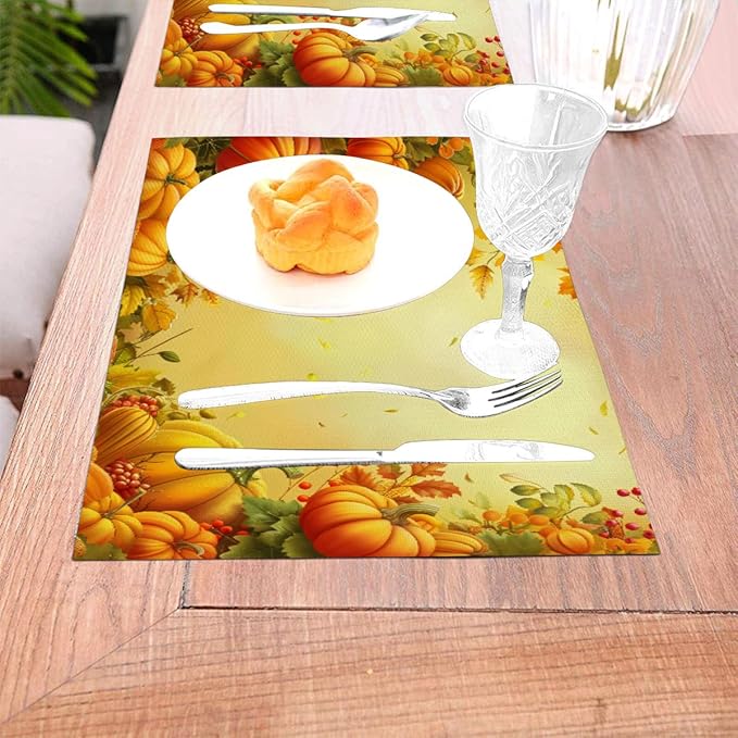 PVC Placemats Set of 6 Wipeable Table Mats Washable Heat Resistant Non Slip Vinyl Dining Table Mat for Kitchen Indoor Outdoor Patio Farmhouse Place Mats Thanksgiving Pumpkin Leaf Decorative