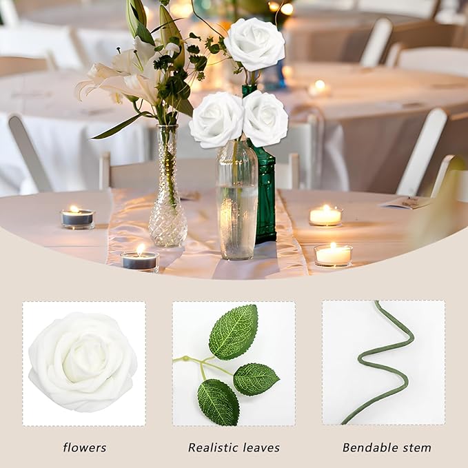 200PCS Artificial Flowers White Roses Real Looking Foam Fake Roses with Leaves and for DIY Wedding Bouquets Bridal Shower Centerpieces Party Decorations (White, 200)